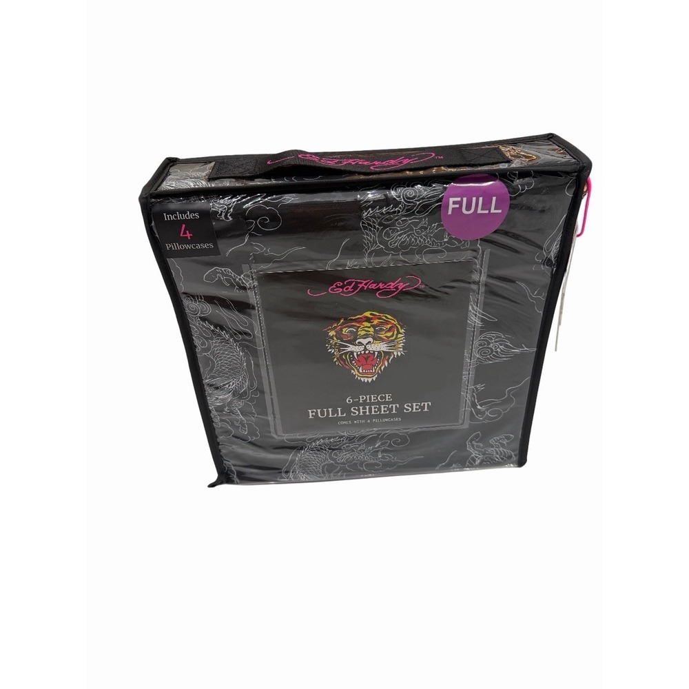 Ed Hardy Full Sheet Set 6 Piece Black Dragon Tiger Graphic Bedding New